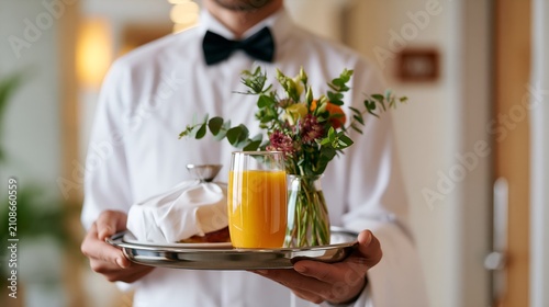 Waiter holding tray with breakfast