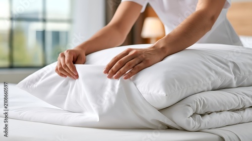 Hotel maid changes sheets, crisp white linen