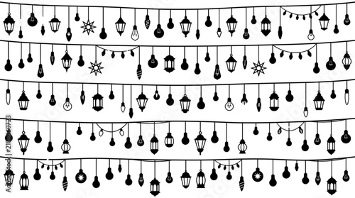 Foto Charming hand-drawn doodle pattern featuring various hanging string lights and f
