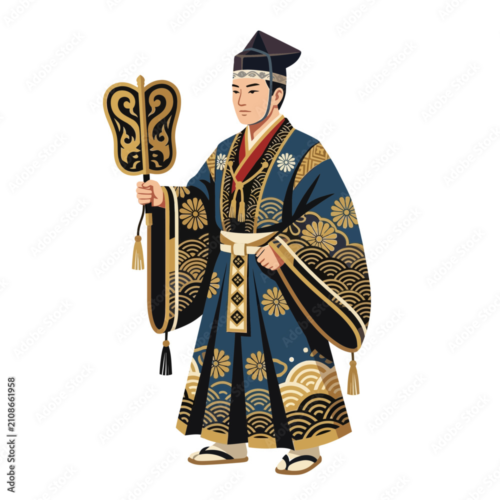 Obraz premium Man in Traditional Japanese Formal Attire Holding Decorative Fan