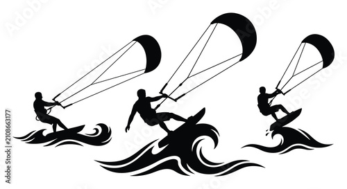 Bild auf Leinwand Kitesurfers On Waves Black Silhouette kitesurfing kiteboarding