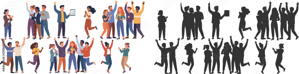 Obraz premium Celebrating People Group Collection with Black Silhouette Set for Team Success Event and Achievement Vector Illustration