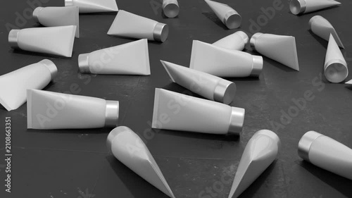 Blank Cosmetic Cream Tubes Scattered on Dark Surface 3D Animation. 4K