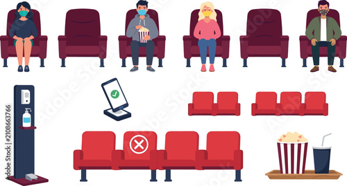 Foto Cinema Social Distancing Vector Element Set with Movie Theater Seats People Wear