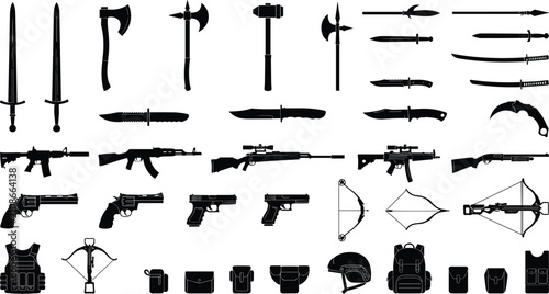 Foto Medieval weapons and modern firearms silhouette set featuring swords axes rifles