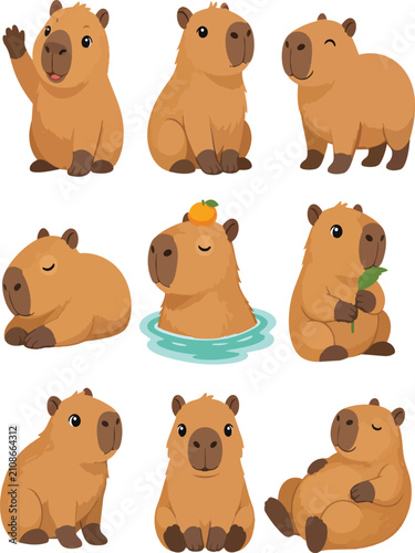 Cute cartoon capybara character set in different poses and expressions.