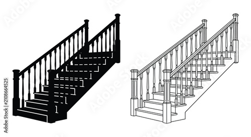 Staircase With Railing Black And White Line Drawing Silhouette