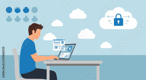 Cloud Security & SaaS Business Concept: Person Working on Laptop