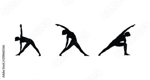 Foto Three black silhouettes of a woman doing yoga stretching exercises