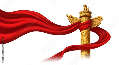 Chinese Huabiao pillar with red silk. Traditional Asian column with flowing fabric banner.