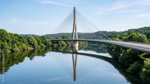 Modern cable-stayed bridge spanning a serene river. Architectural marvel with steel cables and sleek design over calm waters.