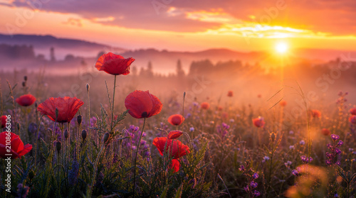 Poppies bloom in a vibrant meadow during a misty sunrise over the rolling hills.