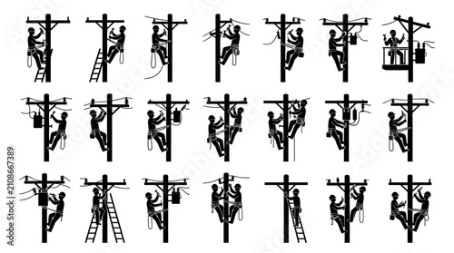Photos Linemen work on utility poles and overhead power lines to ensure consistent energy distribution for the local grid