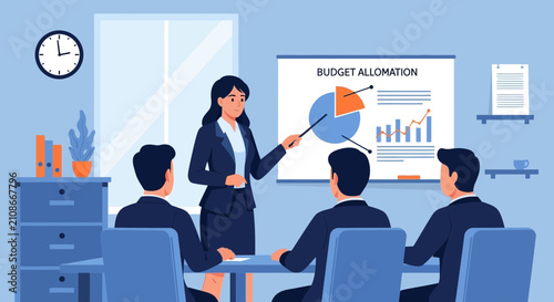 Businesswoman presenting budget allocation chart to colleagues in meeting room.