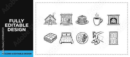 Black ink scribble hand drawn home interior and kitchen furniture icon set bundle featuring doodle sketch vector illustrations for real estate and renovation branding design art.