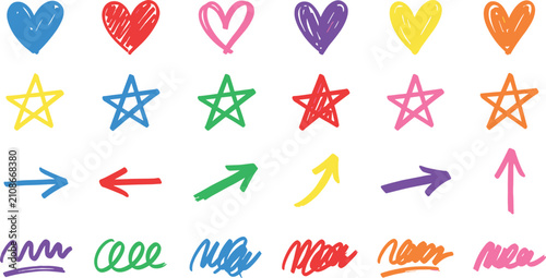 Konstfotografi Colorful hand drawn marker doodle design elements set with hearts stars pointers
