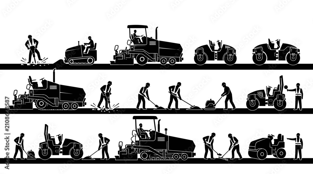 Obraz premium Road construction process is illustrated with black silhouettes of workers and heavy machinery performing asphalt paving tasks.