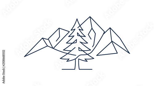 Bild auf Leinwand Mountain pine tree drawing illustrates a singular continuous line art composition of a coniferous forest landscape
