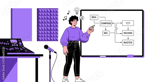 Person explaining music production workflow on whiteboard.