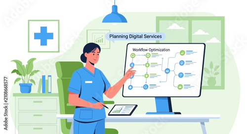 Nurse presenting digital workflow optimization on computer screen.