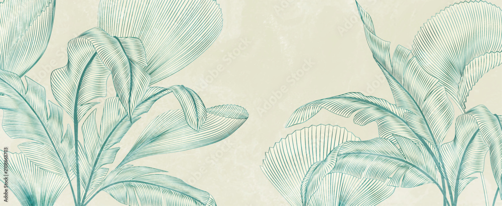 Obraz premium Premium art background with hand-drawn tropical leaves in line style. Botanical banner for decor, prints, wallpaper, textiles, packaging, and interior design.