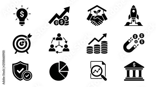 Foto Icons representing financial growth and business development are arranged in a clean grid layout