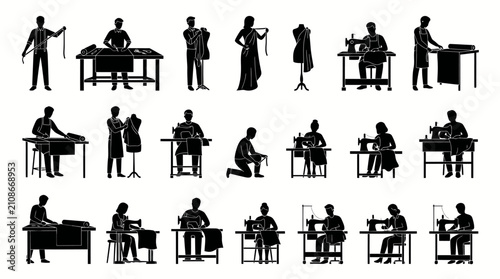 Obraz na płótnie Tailors and dressmakers perform various sewing tasks while utilizing professional equipment in this detailed silhouette set