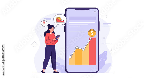 Woman using mobile phone with financial growth chart on screen.