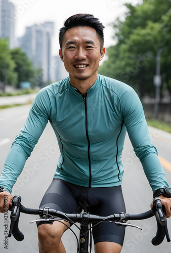 Smiling asian man in teal c...