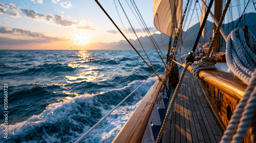 Golden hour sunset viewed from a historic ship's deck, adventure and storytelling concept, nautical travel , with copy space
