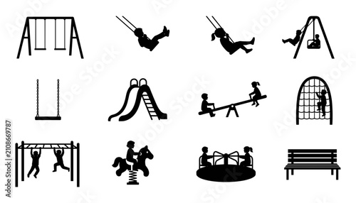 Foto Playground Equipment with Children Playing on Swings, Slides, and Climbing Struc