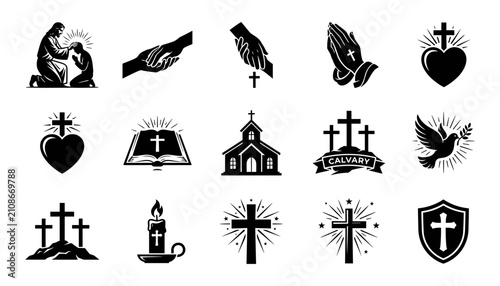 Schilderij op canvas Christian Symbols and Icons Featuring Crosses, Hands, Hearts, and Church Imagery