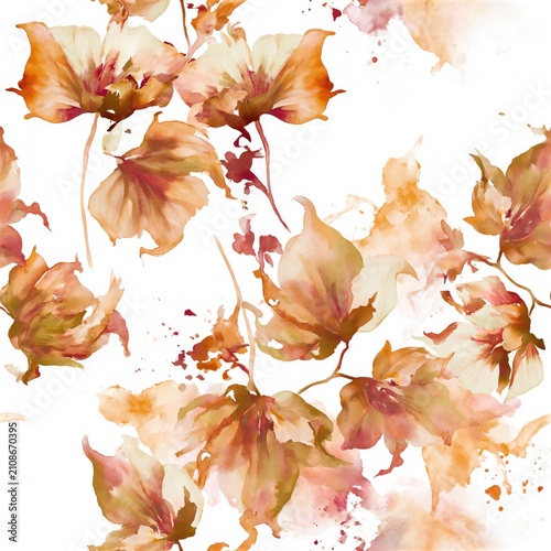 Seamless Watercolor Floral Pattern with Warm Autumn Blooms