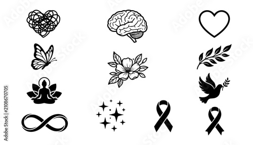 Symbols Representing Mental Health Awareness and Positivity with Hearts, Brain, Butterfly, Meditation, Infinit