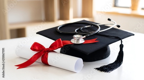 Graduation cap with diploma scroll and medical stethoscope for nursing student graduation stethoscope