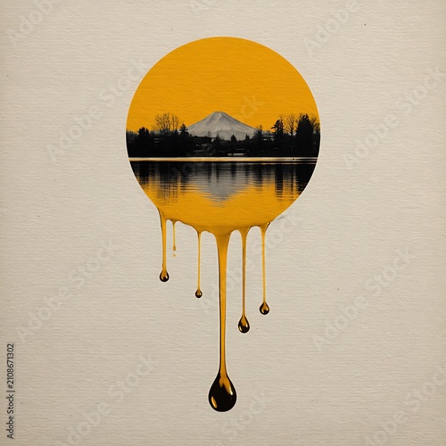 Surreal Dripping Yellow Sun with Mountain Lake Landscape on Textured White Paper