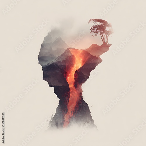 Abstract Nature Silhouette with Volcanic Lava Flow and Tree on Muted Beige Background