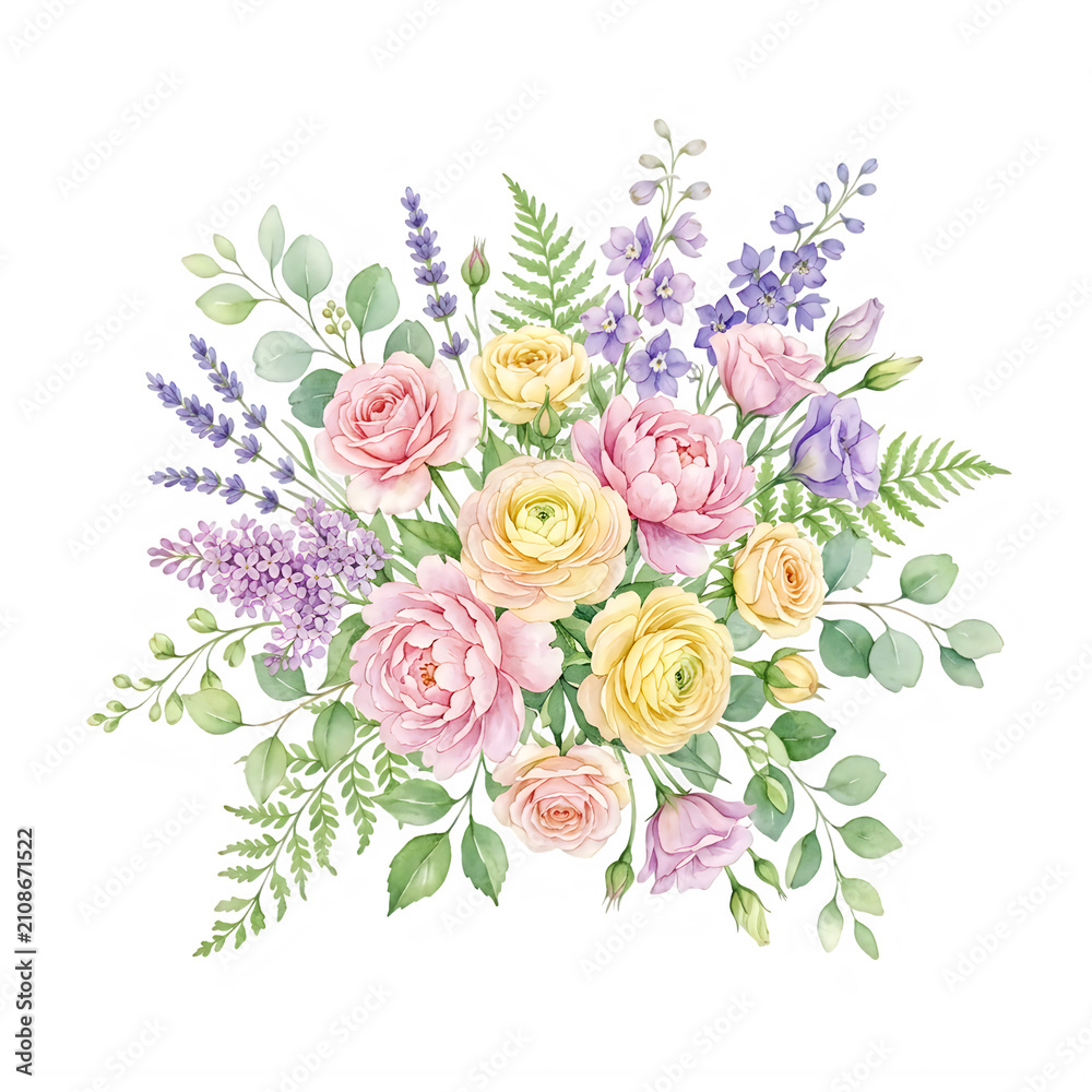 Fototapeta premium Beautiful watercolor flower bouquet with roses and lavender isolated on transparent background