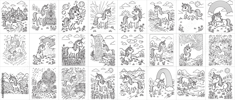 Obraz premium Collection of Whimsical Unicorn Line Art Designs Featuring Fantasy Scenes and Magical Elements for C.jpg Collection of Whimsical Unicorn Line Art Designs Featuring Fantasy Scenes and Magical Elements