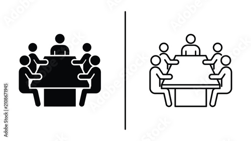 Business meeting silhouettes and line icons depicting teamwork and collaboration around a conference table