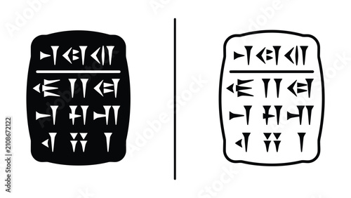Konstfotografi Ancient stone tablet with carved hieroglyphs and symbols on a white background a