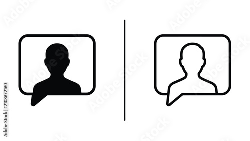 Two black line art icons depicting user profile avatars within speech bubbles on a white background