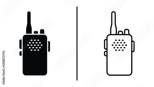 Tableau sur toile Two black and white silhouettes of walkie talkies against a white background for