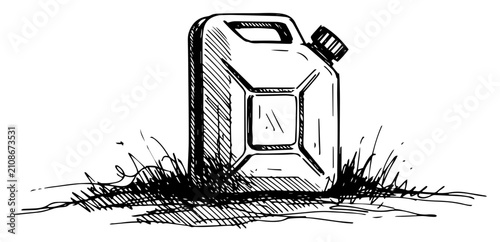 Foto Fuel jerrycan in grass sketch, gasoline canister container vector illustration i