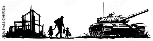Fotografi War refugees family with children walking near tank and ruins sketch, conflict a
