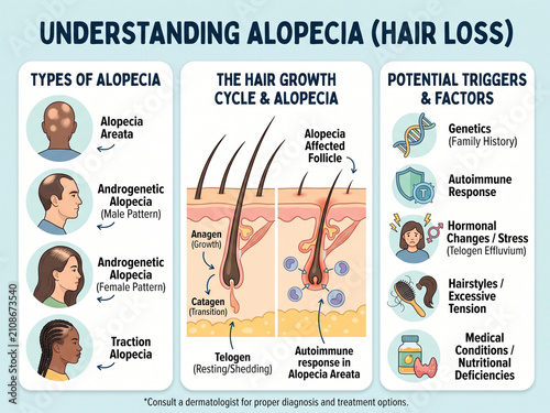 Alopecia infographic details the various types of hair loss including androgenetic patterns and the biological cycle of hair follicles to explain the potential triggers and medical causes.