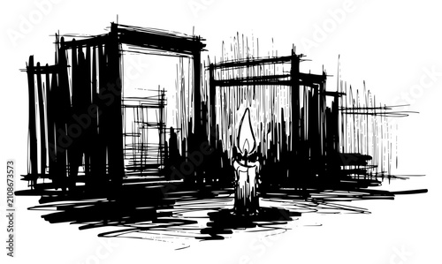 Obraz na płótnie Burning candle in front of dark ruins sketch, memorial vigil and hope concept ve