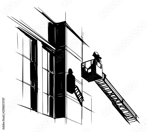 Schilderij op canvas Firefighters rescue mission on building ladder sketch, emergency fire department