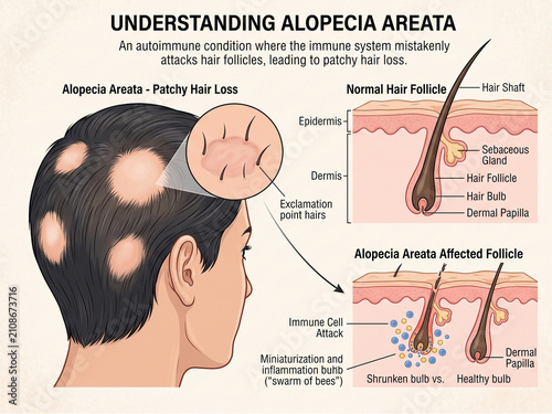 Alopecia areata is a medical condition where the immune system attacks hair follicles, resulting in distinct patches of hair loss on the human scalp as shown in this detailed educational diagram.