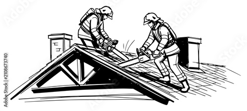 Принти на полотні Firefighters cutting roof with chainsaws sketch, emergency rescue service operat